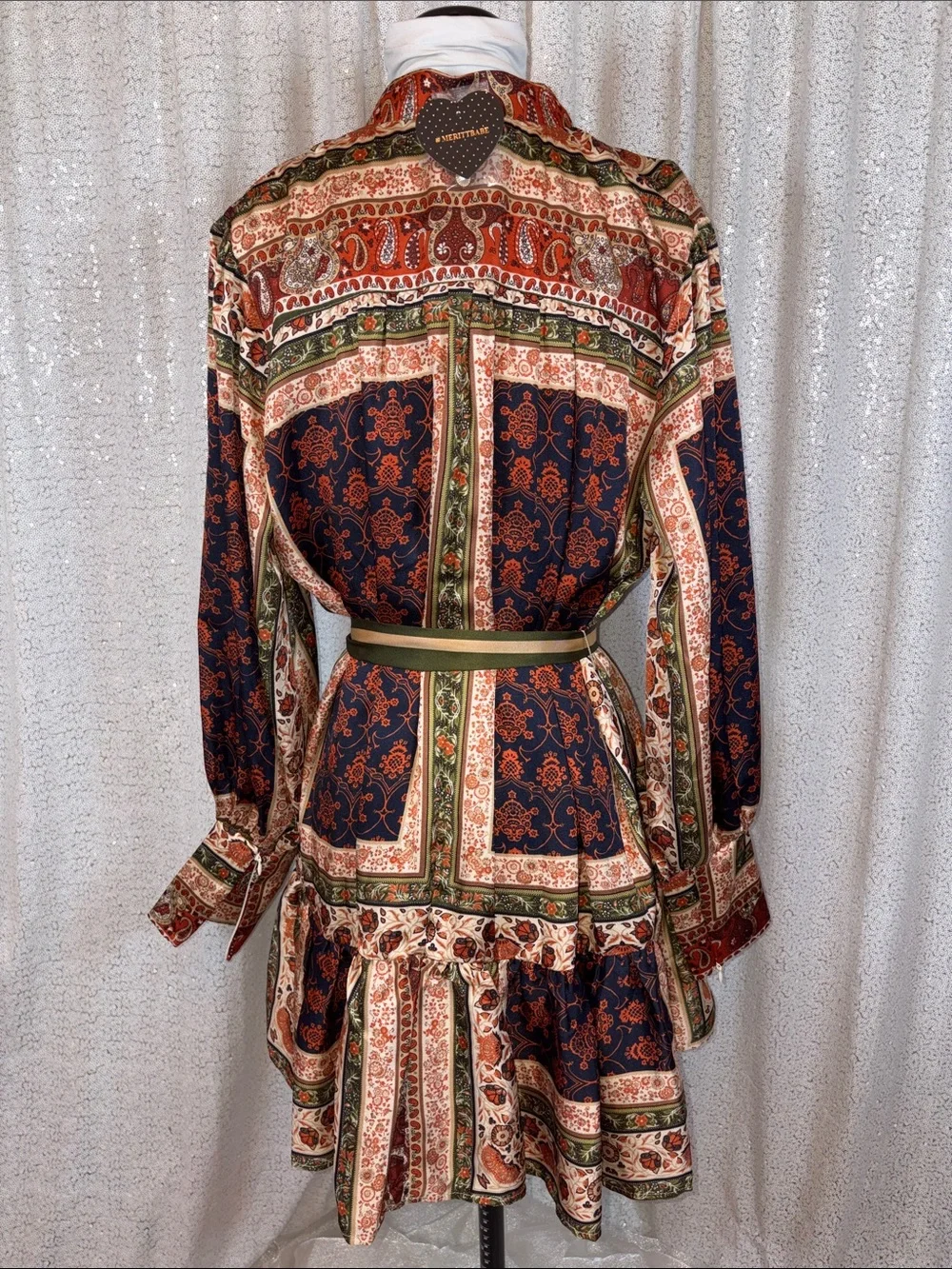 Pearl-Button Bohemian Satin Drop Waist Dress- Olive & Rust - Picture 5 of 7